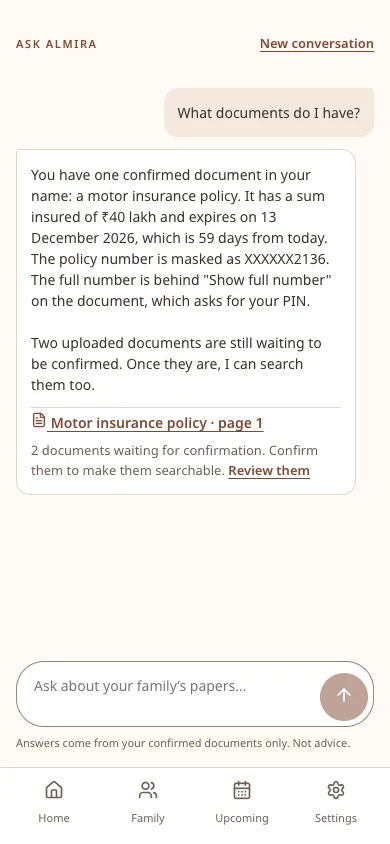Ask Almira answering a question about saved documents, with a motor insurance source link to page 1