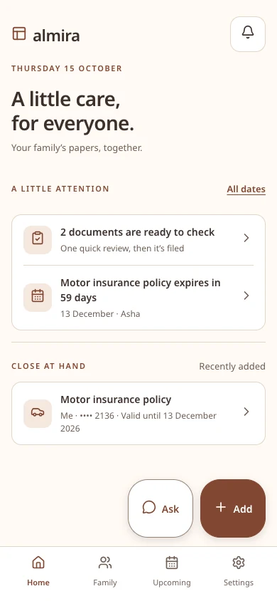 Almira home showing two documents ready to check and a motor insurance renewal reminder
