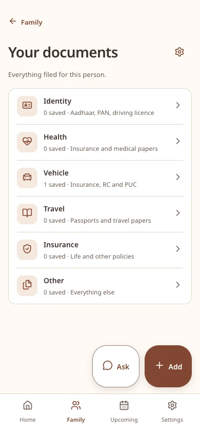 Almira person shelf with Identity, Health, Vehicle, Travel, Insurance and Other categories