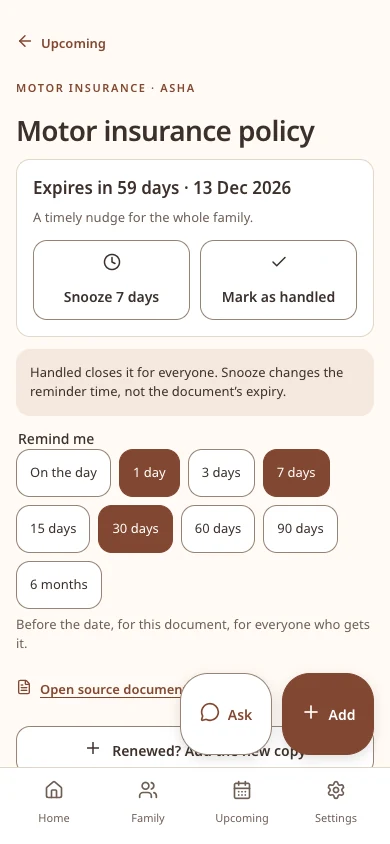 Almira motor insurance reminder with expiry date, snooze and reminder choices