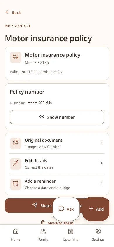 Almira saved motor policy showing a masked number, expiry date and link to the original document